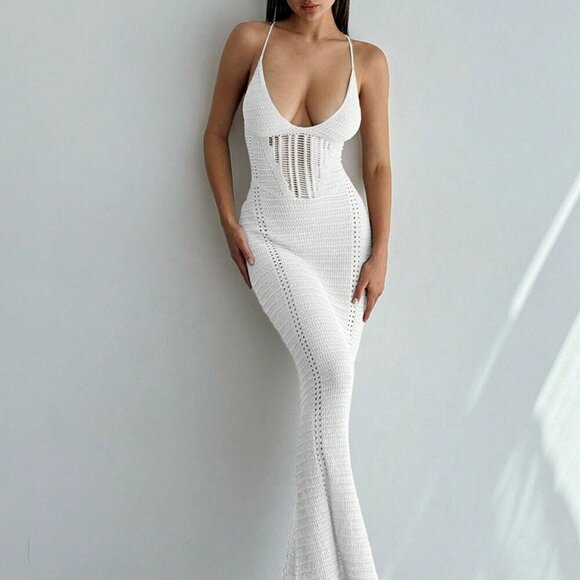 White Sexy Women's Elegant Deep V-Neck Hollow Out Spaghetti Strap Backless Slim - Picture 5 of 7